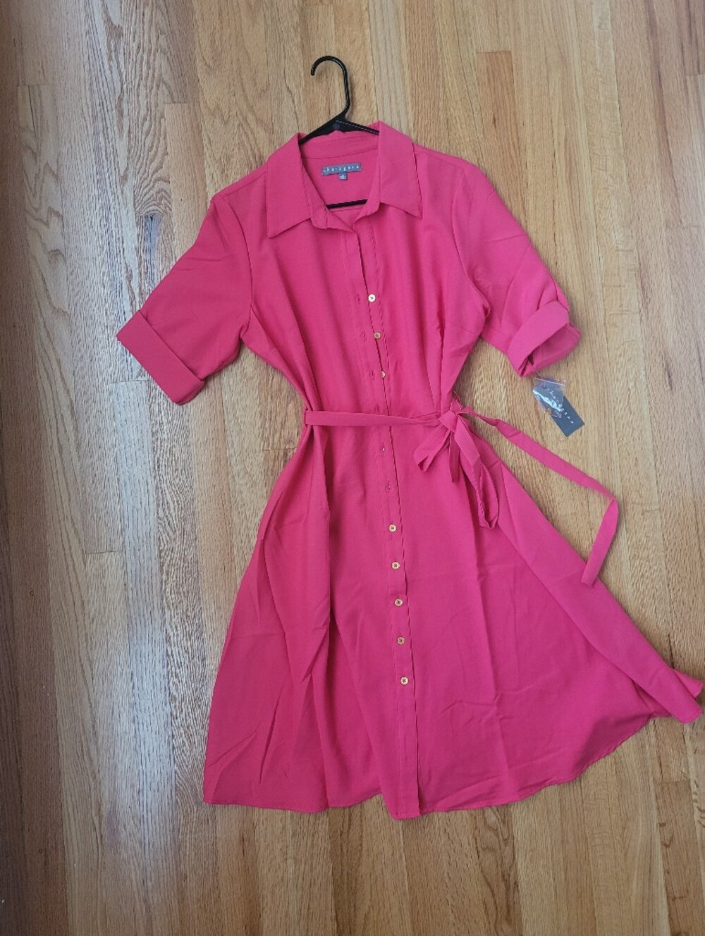 Button-Front Pink A-Line Dress with Waist Tie - Picture 2 of 8